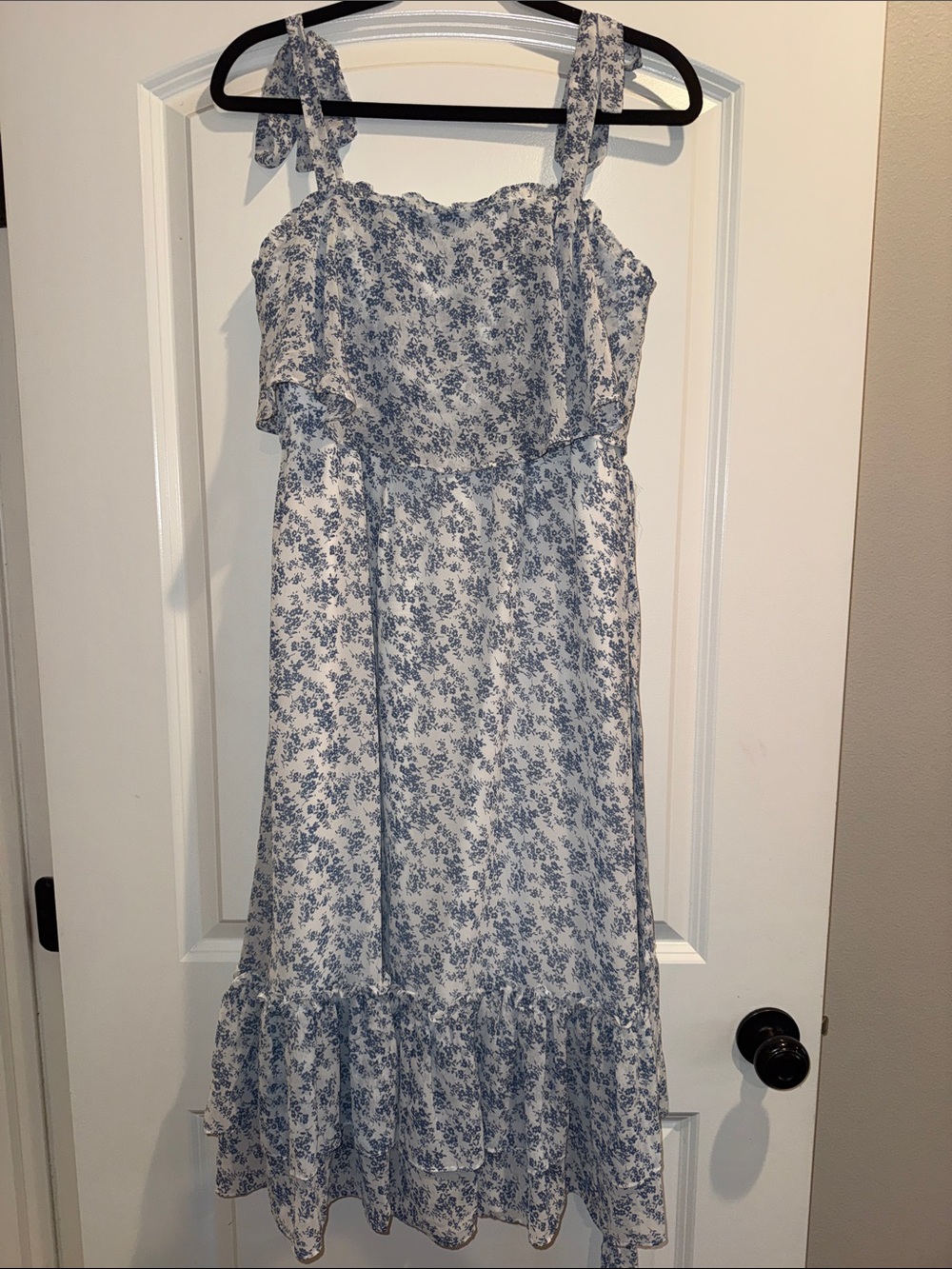 Women’s Blue Floral Midi Dress with Tie Straps